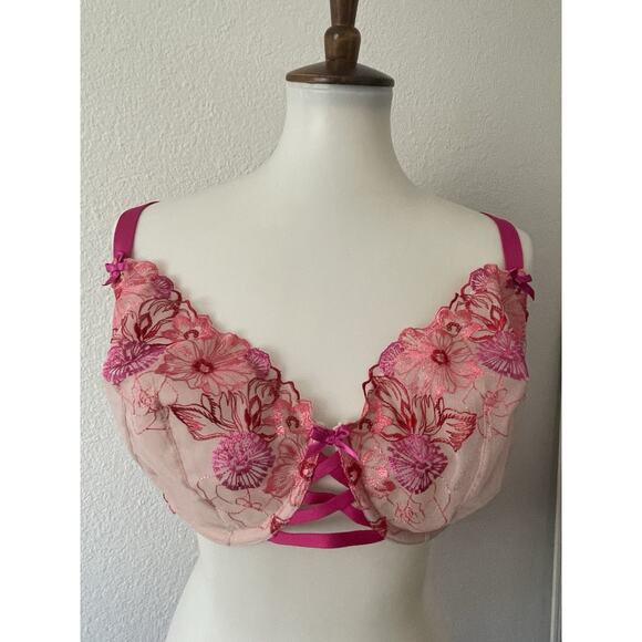 Cacique Lingerie 46C Bra Floral Embroidered Unlined Balconette Semi Sheer - Picture 1 of 11